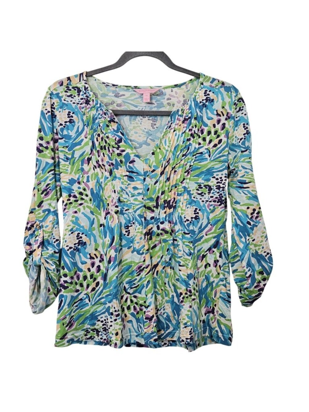 Lilly Pulitzer Braylen Palm Reader Pin Tuck Cotton V-Neck Top Womens XS